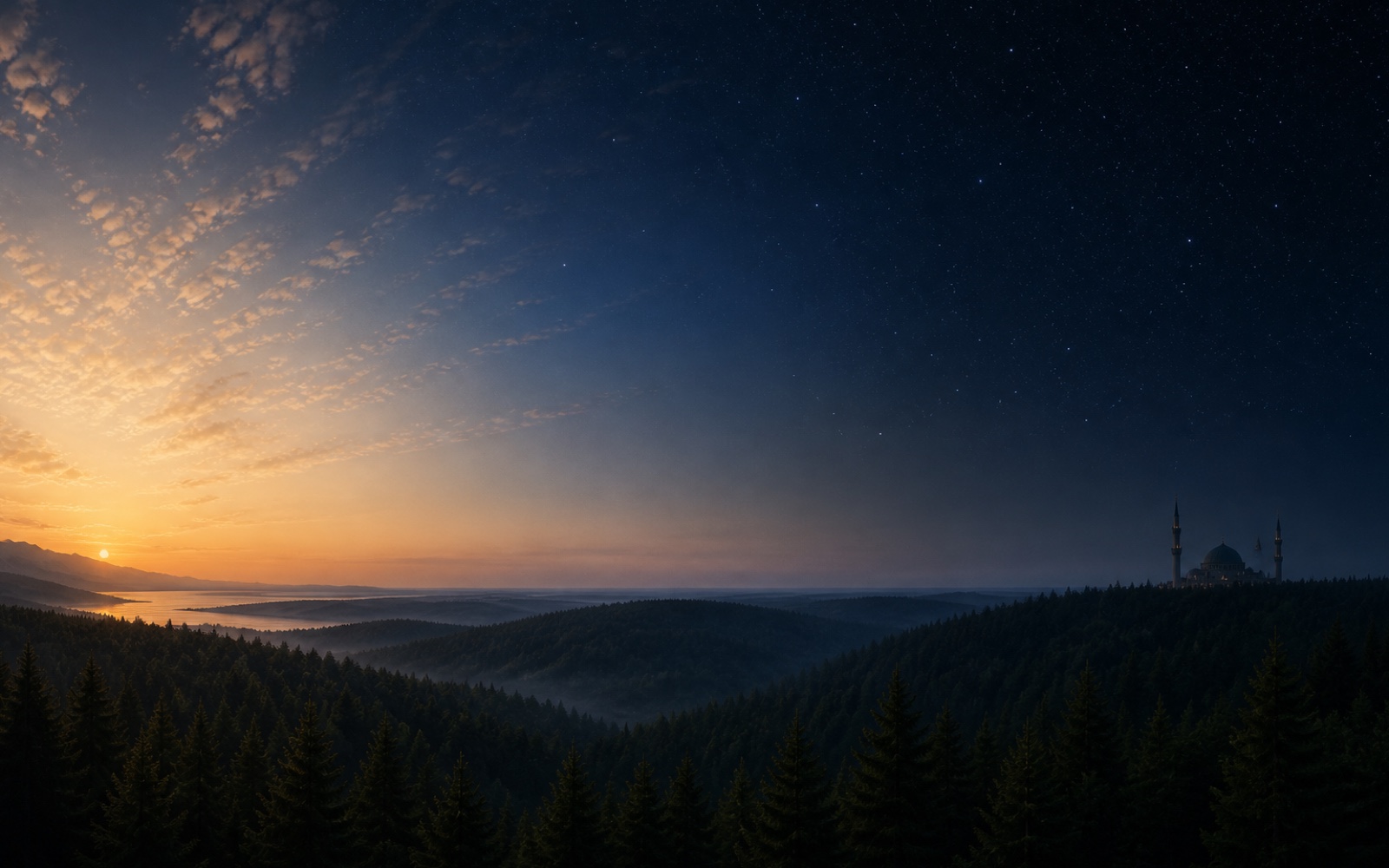 A mountain landscape moving from sunrise into starlit night